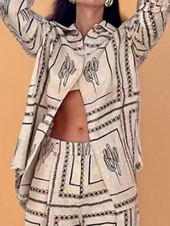 ❤️Hello Gorgeous! Desert Tile Print Cactus Print Button Up Shirt and Pants Set - Picture 5 of 9